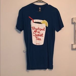 size small, navy t-shirt. “baptized in sweet tea”.